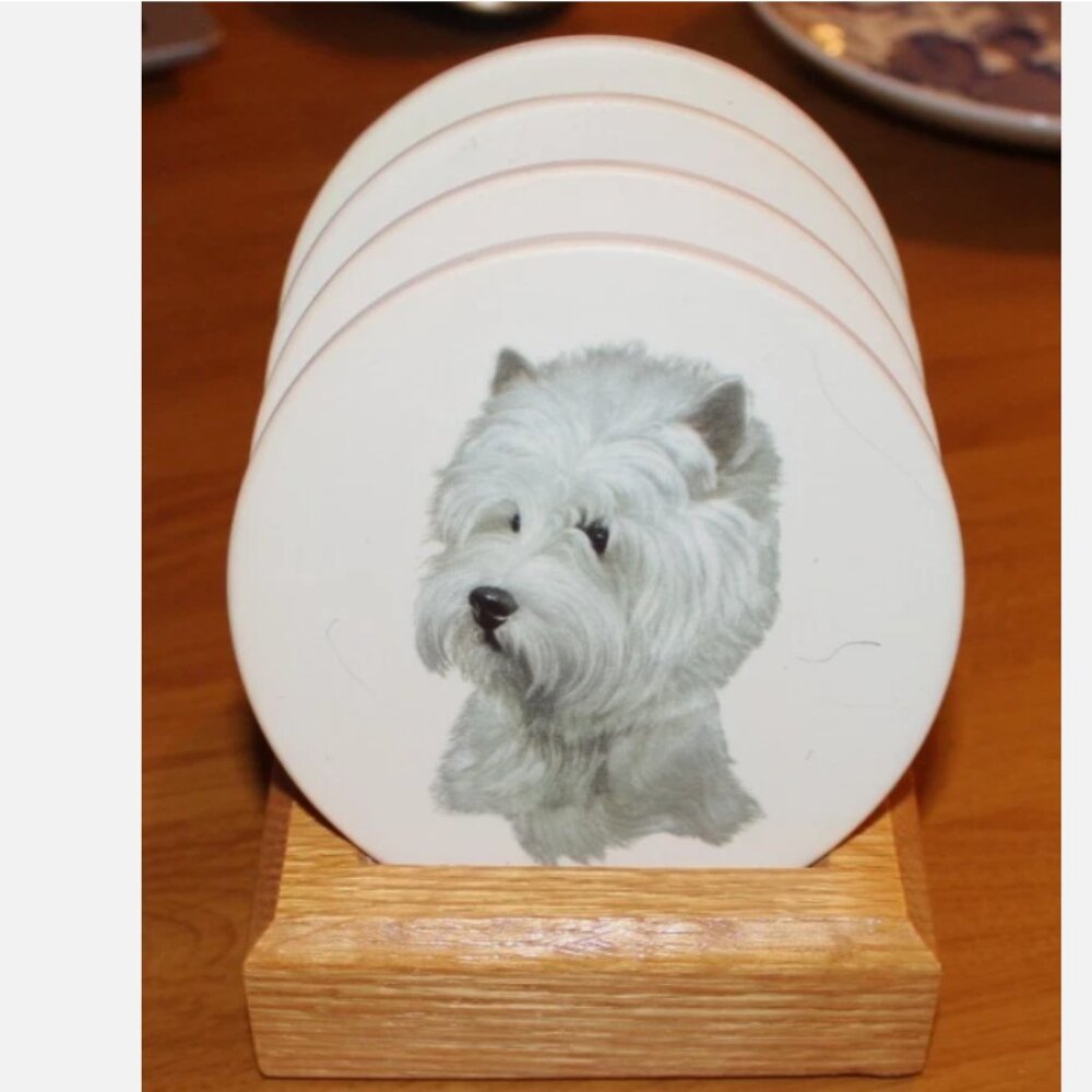 Westie Coaster Set Highland Terrier Dog Home Decor 4 Pc Set with Wooden Holder